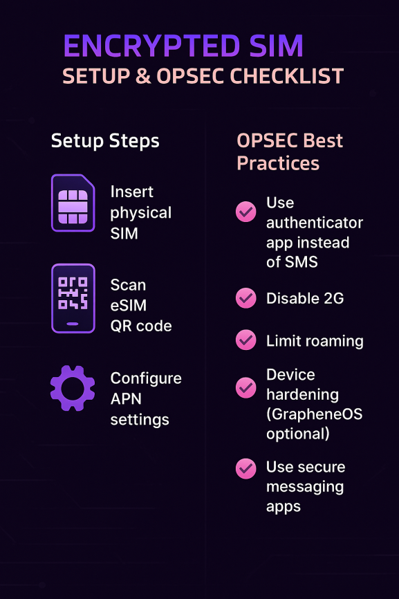 Infographic titled ‘Encrypted SIM Setup & OPSEC Checklist.’ Left side shows Setup Steps with icons: insert physical SIM, scan eSIM QR code, configure APN settings. Right side lists OPSEC Best Practices with checkmarks: use authenticator app instead of SMS, disable 2G, limit roaming, device hardening (GrapheneOS optional), and use secure messaging apps. Designed with GhostSims brand colors on a dark tech-themed background.