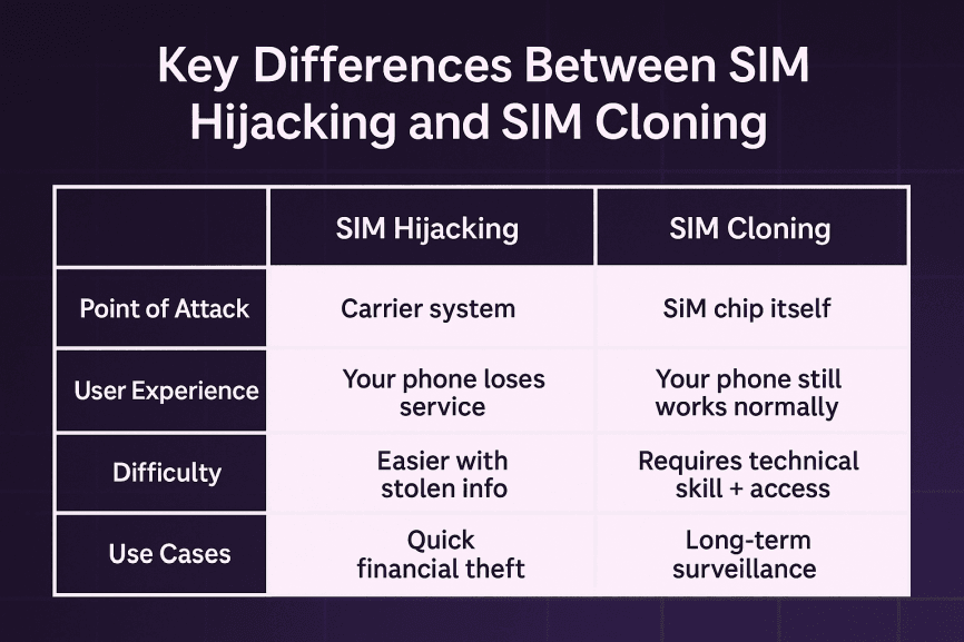 key differences between sim hijacking and sim cloning